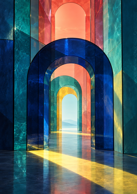 Nested blue, teal, coral, and yellow glass-like arches recede through a passage toward a pale cyan opening and distant landscape, with yellow light crossing a reflective floor.