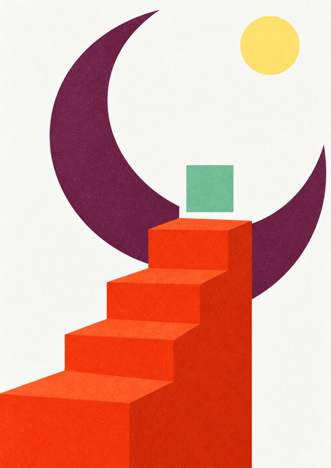 Four orange-red geometric steps rise beneath a plum crescent, with a mint square and pale-yellow circle on an off-white background.