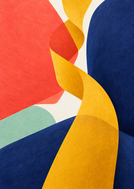 Abstract poster with a twisting marigold ribbon between broad coral and indigo planes and a small mint accent.