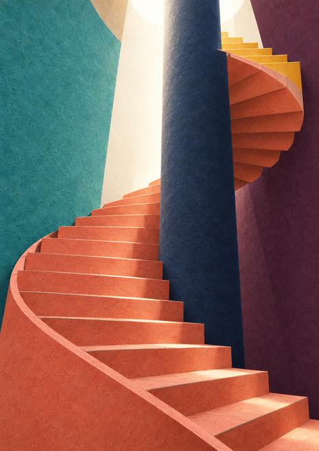 A coral staircase sweeps upward around a dark central column, framed by turquoise and plum fields beneath a bright vertical opening.