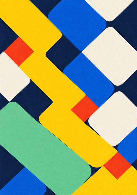 A sunflower-yellow zigzag descends through rounded cobalt-blue and warm-white geometric tiles, with red squares, a mint shape, and navy gaps.