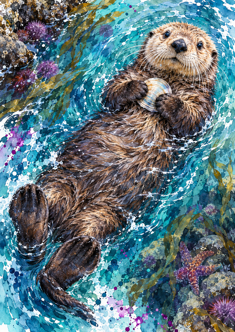 A sea otter floats on its back in turquoise water, holding a pale shell with its forepaws as rocks and tide-pool life frame the scene.