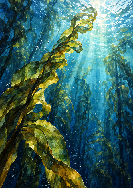 Broad olive-green kelp frond rising through a layered deep-blue underwater forest toward a bright opening at the surface.