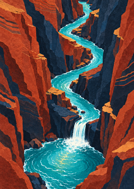 Turquoise stream winding through rust-red and midnight-blue canyon walls to a white waterfall and foaming pool.