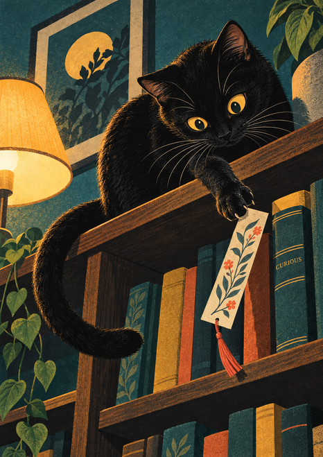 Golden-eyed black cat reaching toward a dangling botanical bookmark on a warmly lit bookshelf.