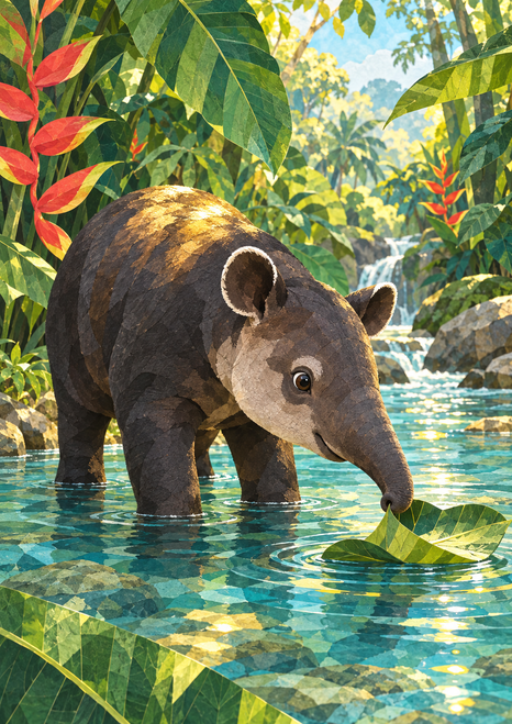 Young tapir standing in a jungle stream with its trunk near a floating leaf, amid tropical foliage and red-orange flowers.
