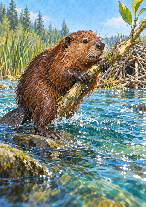 Brown beaver gripping a diagonal leafy branch above blue-green stream water, with reeds, rocks, and a stick structure behind it.