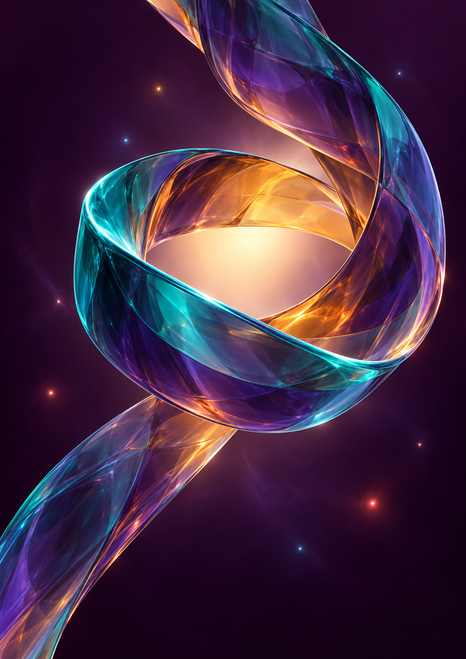A twisting translucent turquoise and violet glass ribbon loops around a glowing amber center against an aubergine background.