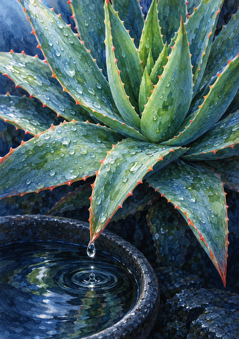 Water-beaded aloe-like succulent with coral-edged leaves and a falling droplet above a shallow bowl against a dark indigo background.