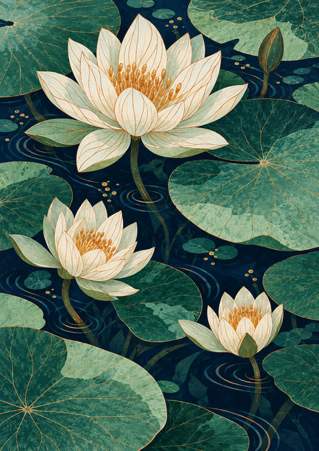 Three ivory-white water lilies among overlapping mint and emerald lily pads on dark water, with fine copper-colored veins and gold flecks.