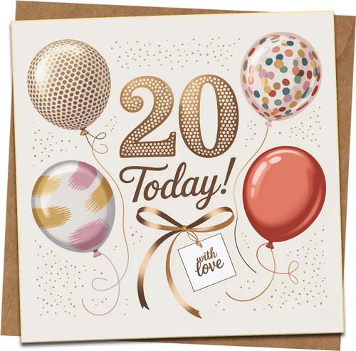 20th Birthday Card – 20 Today Balloons Design, With Love Tag, 145mm x 145mm Square Greeting Card with Kraft Envelope – For Him Her Son Daughter Friend