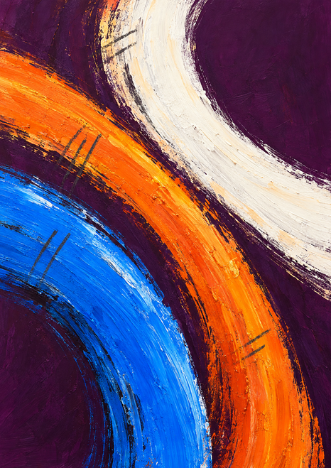 Three broad blue, orange, and off-white arcs sweep across a dark plum background with rough painted edges and short dark marks.