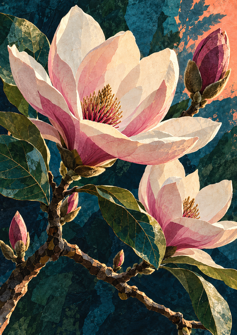Layered collage of pale pink magnolia-like blossoms and a magenta bud among branching stems and leaves against dark blue-green.