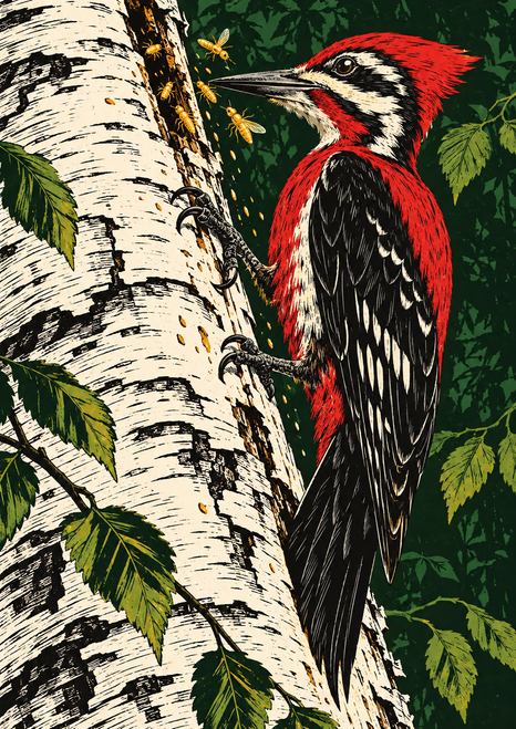 Red-and-black woodpecker clinging to a white birch trunk and facing golden insects at a bark crevice, with green leaves nearby.
