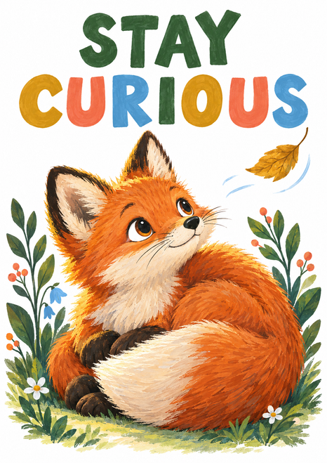Orange-and-cream fox cub curled on grass looking up at a floating golden leaf beneath the words “STAY CURIOUS,” with leafy sprigs around it.
