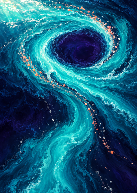 Luminous turquoise current swirling around a dark-violet pool in deep-blue water, with coral and silver bubbles trailing downward.