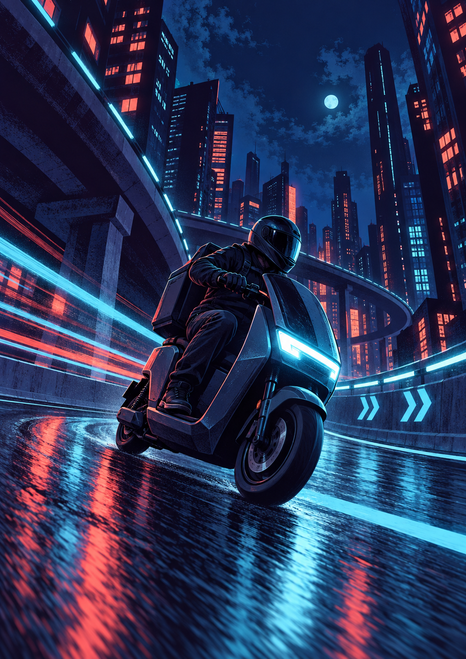 Helmeted rider on an angular scooter-like vehicle speeding along a wet elevated city ramp beneath cyan-lit high-rises at night.