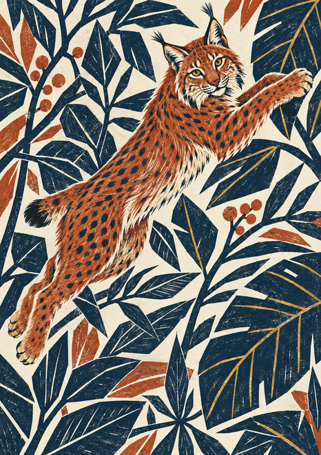 Spotted, tuft-eared lynx leaping diagonally through angular foliage in terracotta, dark blue, cream, and gold.