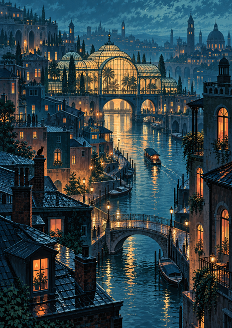 Dense blue-hour canal city with a glowing arched glass conservatory, reflective water, bridges, small boats, and warm illuminated windows.