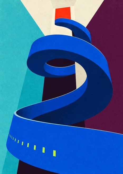 Cobalt spiral ramp curling around a dark opening between turquoise, plum, and warm-white planes, with a red rectangle above.