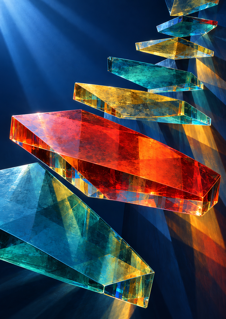 Translucent irregular glass-like slabs form a descending diagonal staircase against deep navy, with a large vermilion plane and colorful reflective edges.