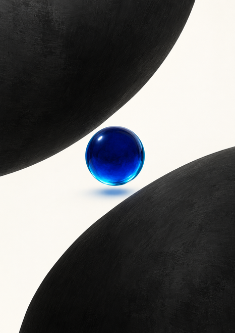 Reflective cobalt-blue sphere between two sweeping black forms on a warm-white background.