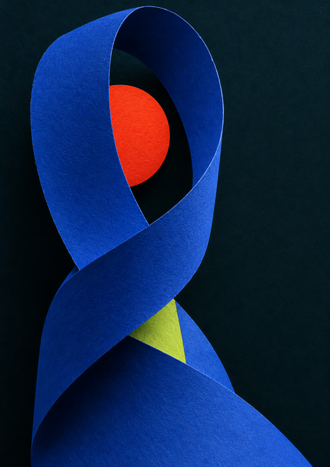 Ultramarine strip looping around a vermilion disc with a small lime-green facet against dark teal.