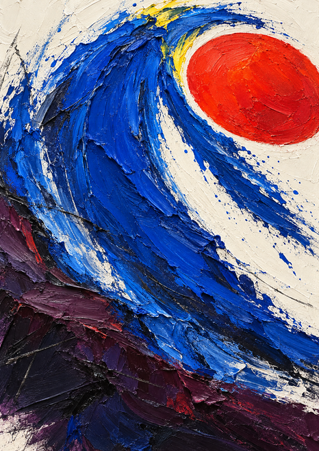 Textured cobalt-blue brushstroke curling around a vermilion oval on warm white, with dark plum shapes along the bottom.