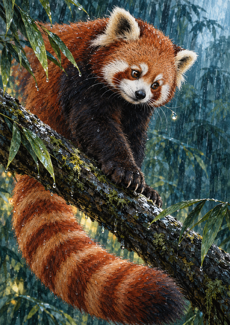 Red panda looking back on a rain-dark diagonal branch, with a curled ringed tail, bamboo leaves, and teal forest rain.