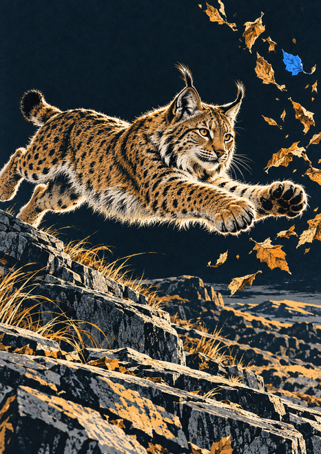 Spotted lynx leaping above fractured rocks toward saffron leaves, including one electric-blue leaf, against a dark indigo sky.