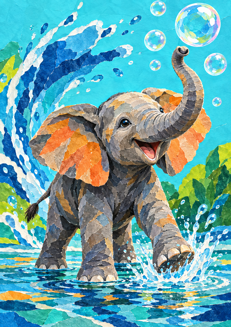 A young elephant calf raises its trunk toward floating bubbles amid a large curved splash and rippling water.