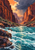 Turquoise and white rapids rush between red-orange canyon walls beneath dark storm clouds and a break of sunlight.