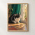 Black-and-white cat crouching on a wooden floor and watching a small moth near a sunlit open window with a green curtain and potted plants.; frame shown for styling only