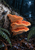 Layered coral-orange bracket fungi grow from a pale birch log beneath a small blue-gray snail, surrounded by wet ferns and dark woodland.