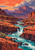 Turquoise river and white cascades winding through rust-red canyon walls toward distant mesas and a clouded sun.