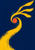 Broad saffron-yellow abstract current looping around a coral disk, with turquoise flecks on a deep blue background.