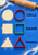 Three labelled dough cutouts—circle, square, and triangle—beside matching cutters on a cobalt board with a rolling pin and flour.