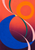 Cobalt crescent and tangerine ring crossed by pale pink and dark teal arcs, with a yellow accent on a coral-to-plum background.