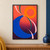Cobalt crescent and tangerine ring crossed by pale pink and dark teal arcs, with a yellow accent on a coral-to-plum background.; frame shown for styling only