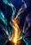 Luminous amber plume twisting upward through indigo, with two curling ribbons and turquoise and violet facets.