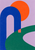 Cobalt arch, partly obscured orange disc, jade-green curve and coral block on a pale-lilac background.