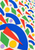 Bright cut-paper-style abstract pattern with cobalt arcs, red-orange wedges, green shapes, yellow disks, and lilac circles.