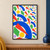 Bright cut-paper-style abstract pattern with cobalt arcs, red-orange wedges, green shapes, yellow disks, and lilac circles.; frame shown for styling only