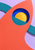 Curved coral plane with a cobalt circular opening, partly visible golden disc, and crossing teal band on pale lilac.