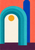 Nested turquoise arches surround a warm-white opening with a gold disk; coral, cobalt, and plum shapes fill the background and base.