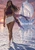 Braided woman in plum and white walking on a crystal shore beside a translucent sailing ship at sunset.