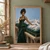 Woman in an emerald gown beside oversized green velvet cushions topped with clouds and snowy miniature mountains.; frame shown for styling only
