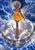 Silver-haired fairy in a yellow dress with glowing transparent wings, standing on a reflective silver disc among blue storm clouds and lightning.