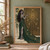 Dark-haired elf in an emerald gown with a gold spider-patterned train before a bronze door covered in webs around a central keyhole.; frame shown for styling only