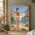 Dark-haired elf in a rose bodice and ivory drape on a beach beneath a ring of floating cliffs, islands and waterfalls.; frame shown for styling only